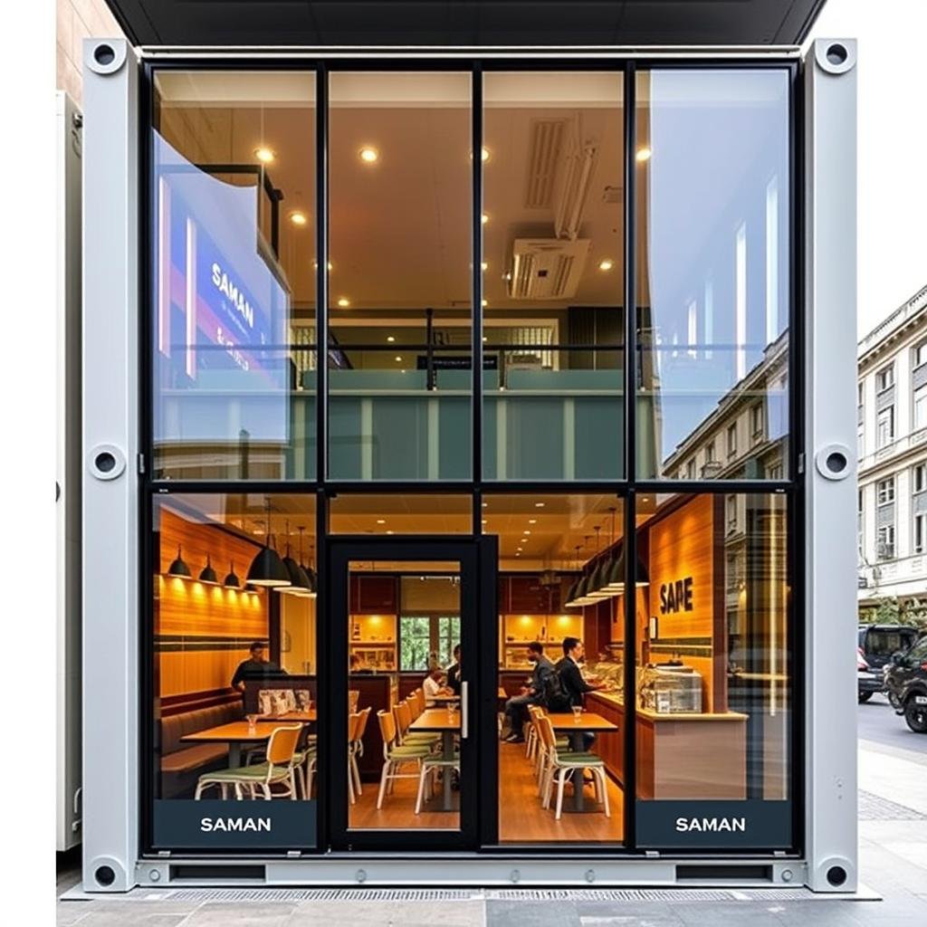 Container cafe with full glass front showing interior visibility in Connaught Place Container cafe with full glass front showing interior visibility in Connaught Place