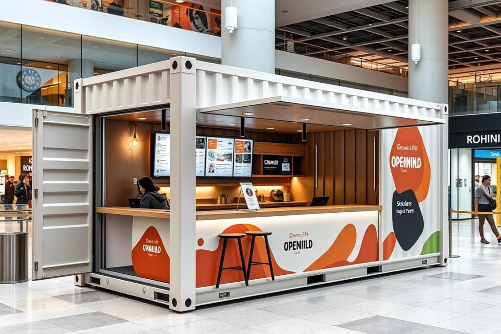 Container cafe with open counter design in a Rohini shopping complex Container cafe with open counter design in a Rohini shopping complex