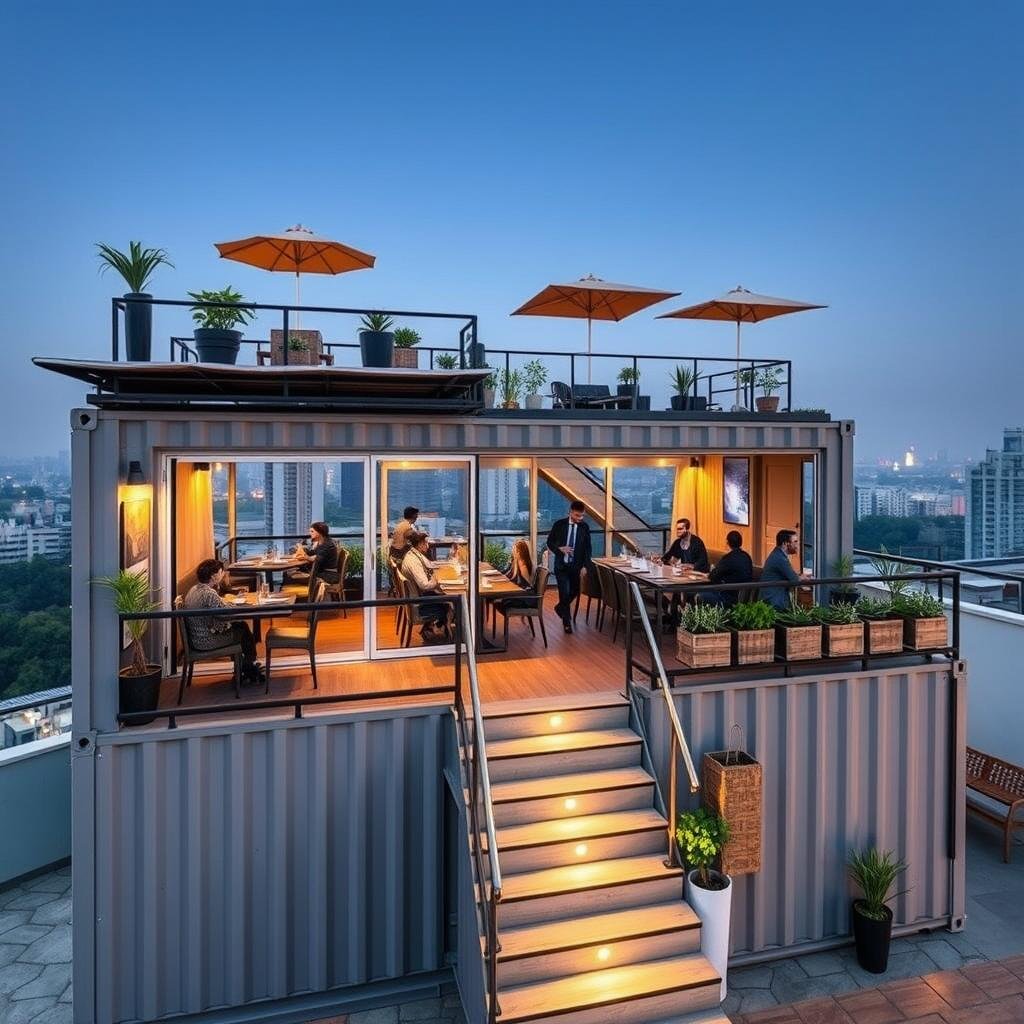 Container cafe with rooftop seating area overlooking Central Delhi skyline Container cafe with rooftop seating area overlooking Central Delhi skyline