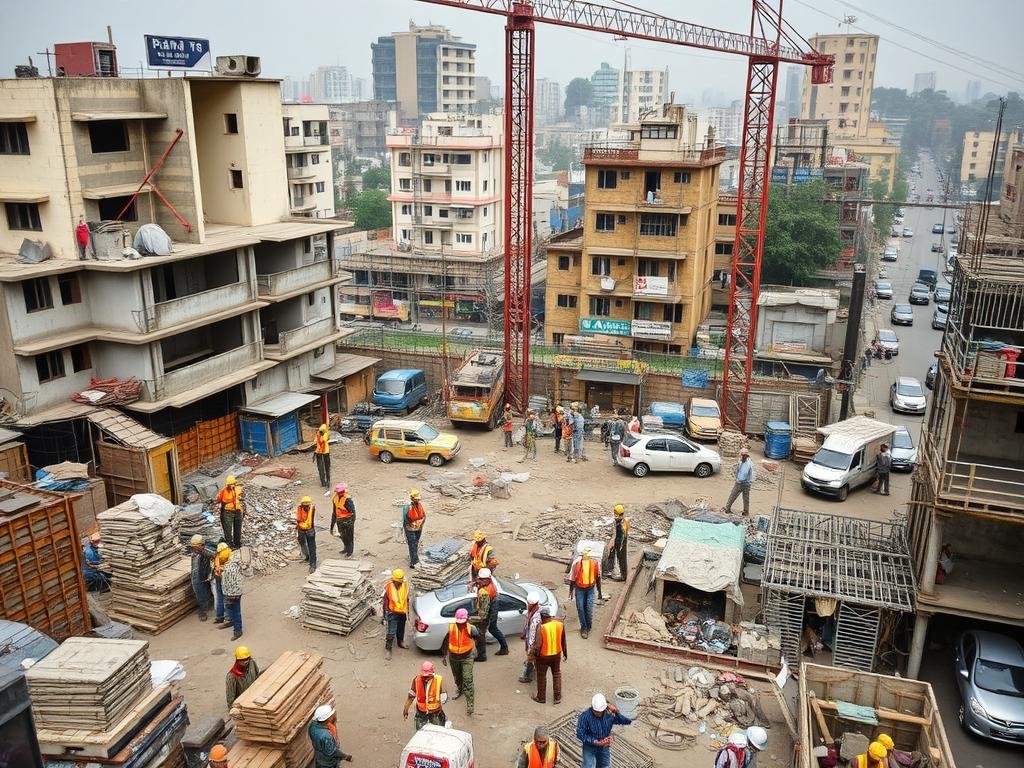 Crowded construction site in Laxmi Nagar with workers needing proper accommodation Crowded construction site in Laxmi Nagar with workers needing proper accommodation