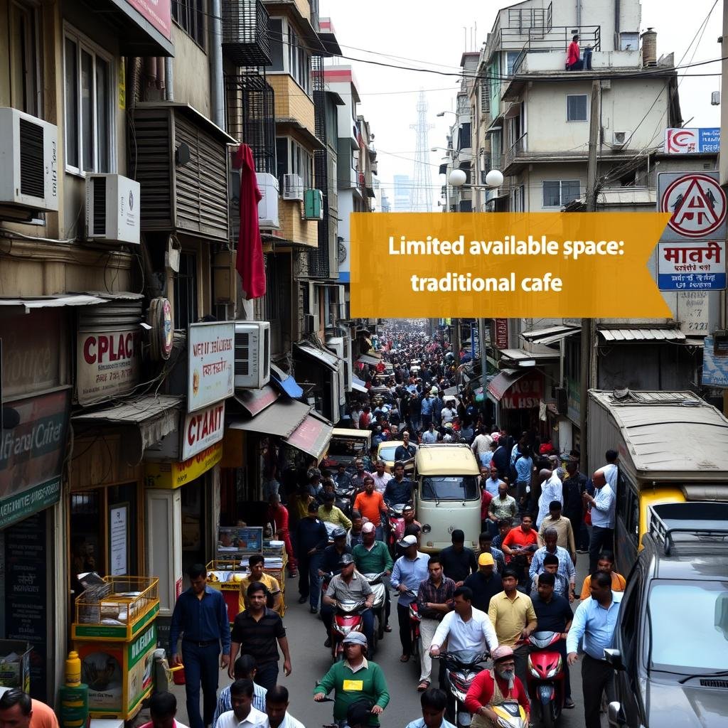 Crowded street in Central Delhi showing limited space for traditional cafes Crowded street in Central Delhi showing limited space for traditional cafes