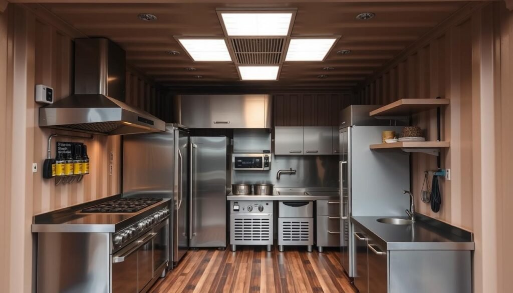 Custom container cafe interior showing professional kitchen setup in Greater Noida Custom container cafe interior showing professional kitchen setup in Greater Noida