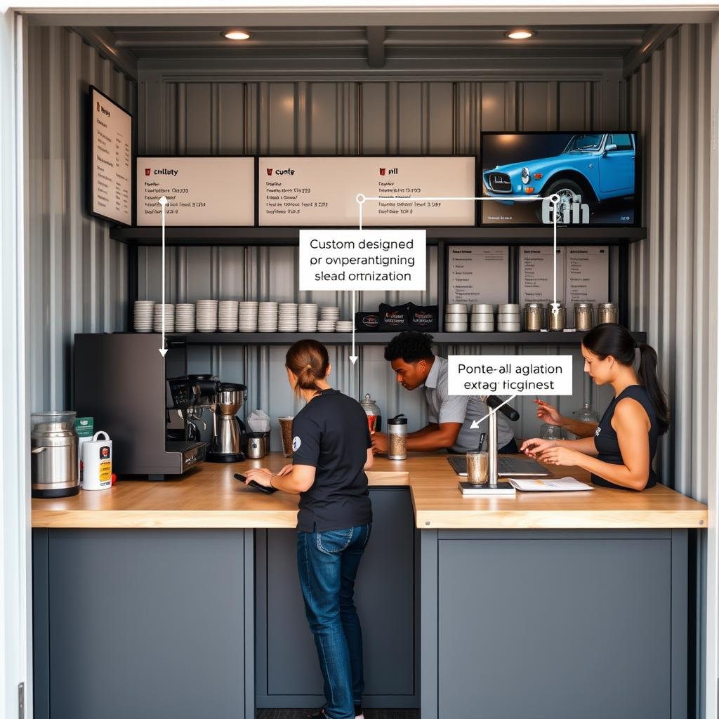 Custom service counter in a container cafe showing workflow optimization Custom service counter in a container cafe showing workflow optimization