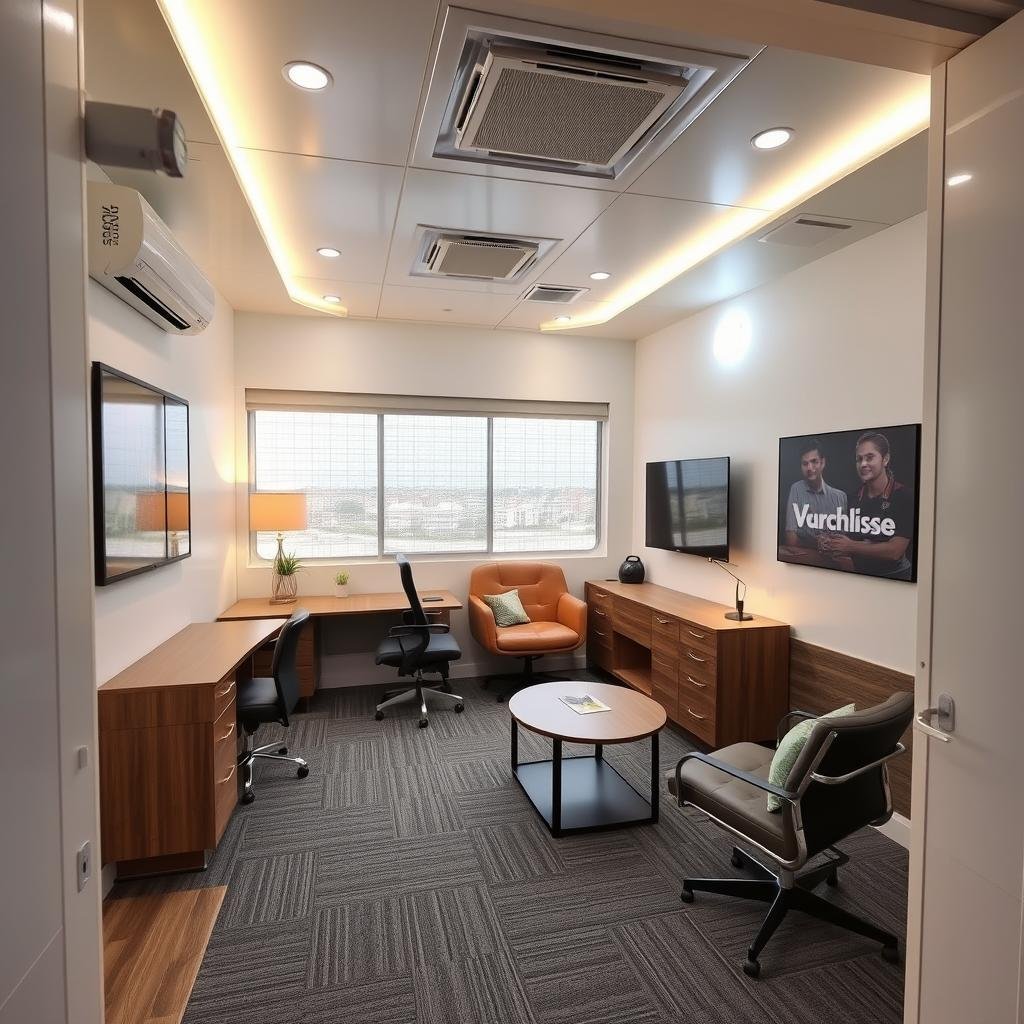 Customized interior of a portable office cabin Customized interior of a portable office cabin