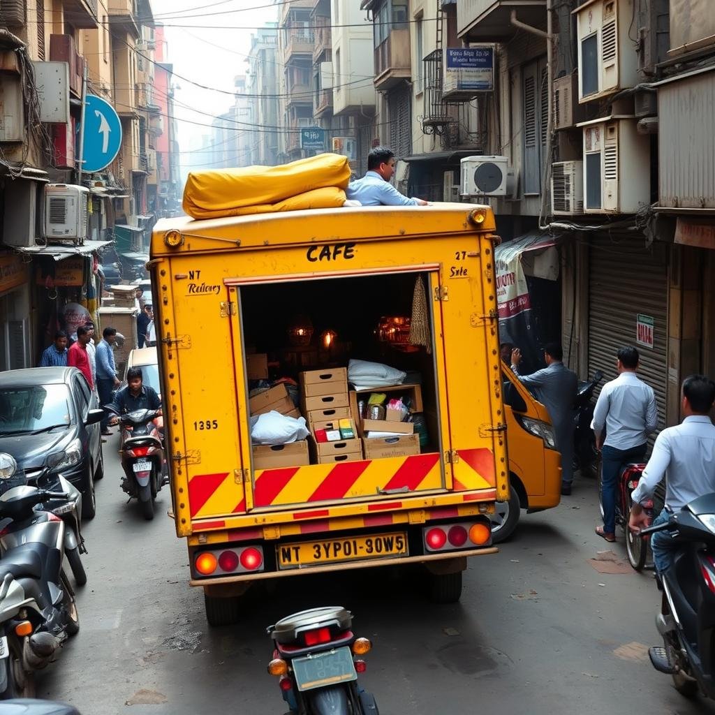 Delivery truck struggling to navigate narrow lanes in Paharganj for cafe supplies Delivery truck struggling to navigate narrow lanes in Paharganj for cafe supplies