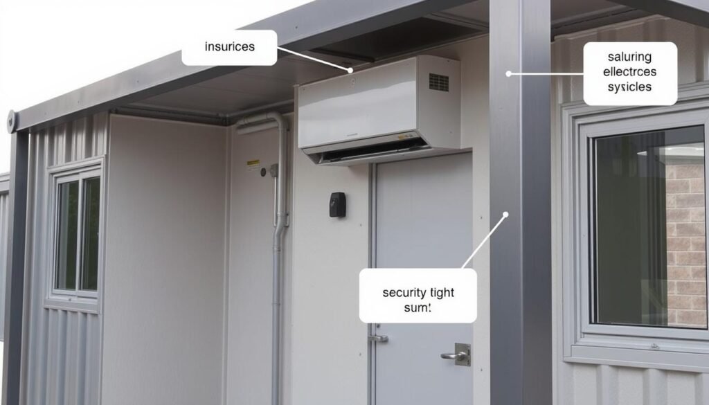 Detailed view of portable office cabin features in West Delhi installation Detailed view of portable office cabin features in West Delhi installation