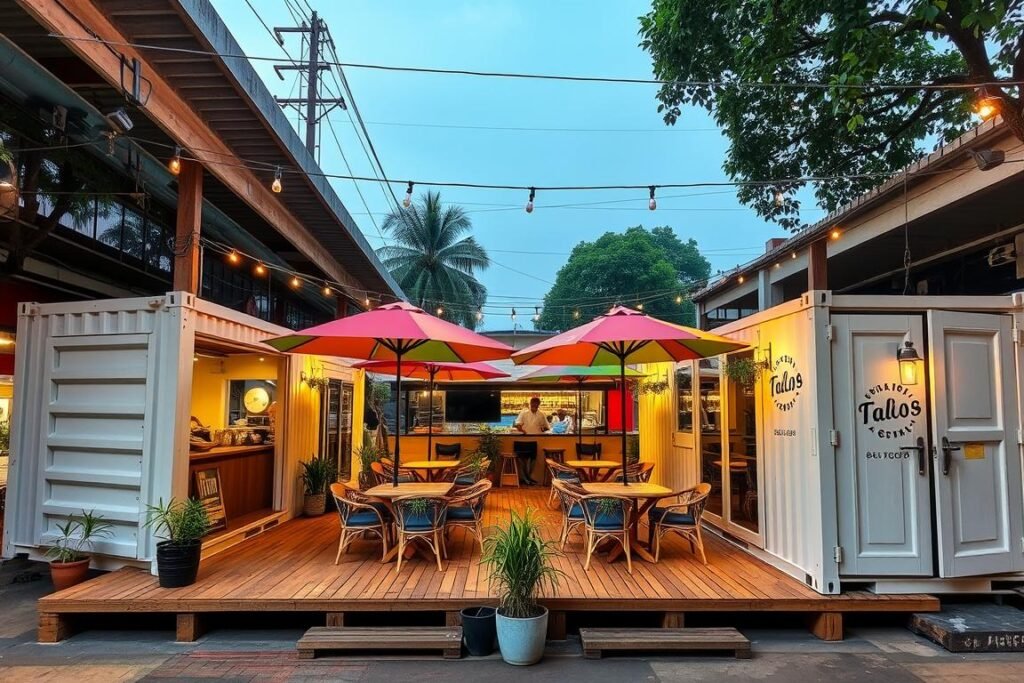 Double-container cafe setup in Pitampura market with expanded seating Double-container cafe setup in Pitampura market with expanded seating