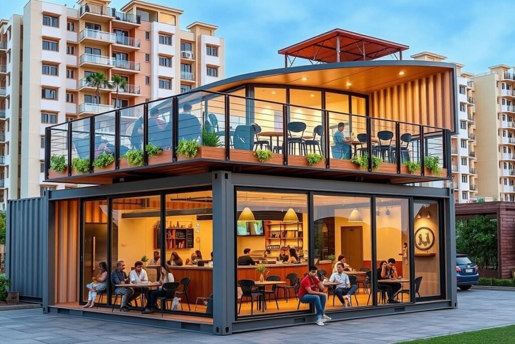 Double-decker container cafe in Dwarka Sector 12 with rooftop seating area Double-decker container cafe in Dwarka Sector 12 with rooftop seating area