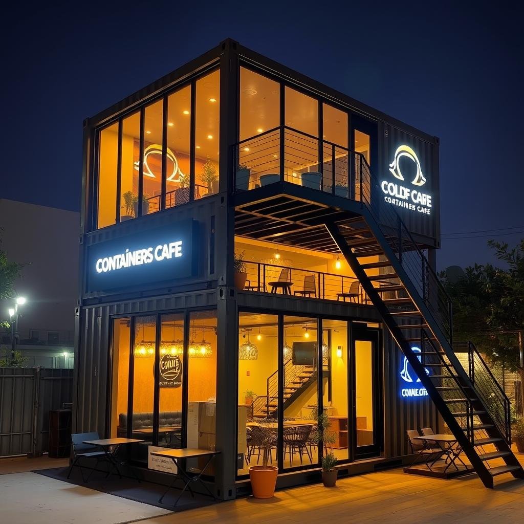 Double-storey container cafe with glass facade Double-storey container cafe with glass facade