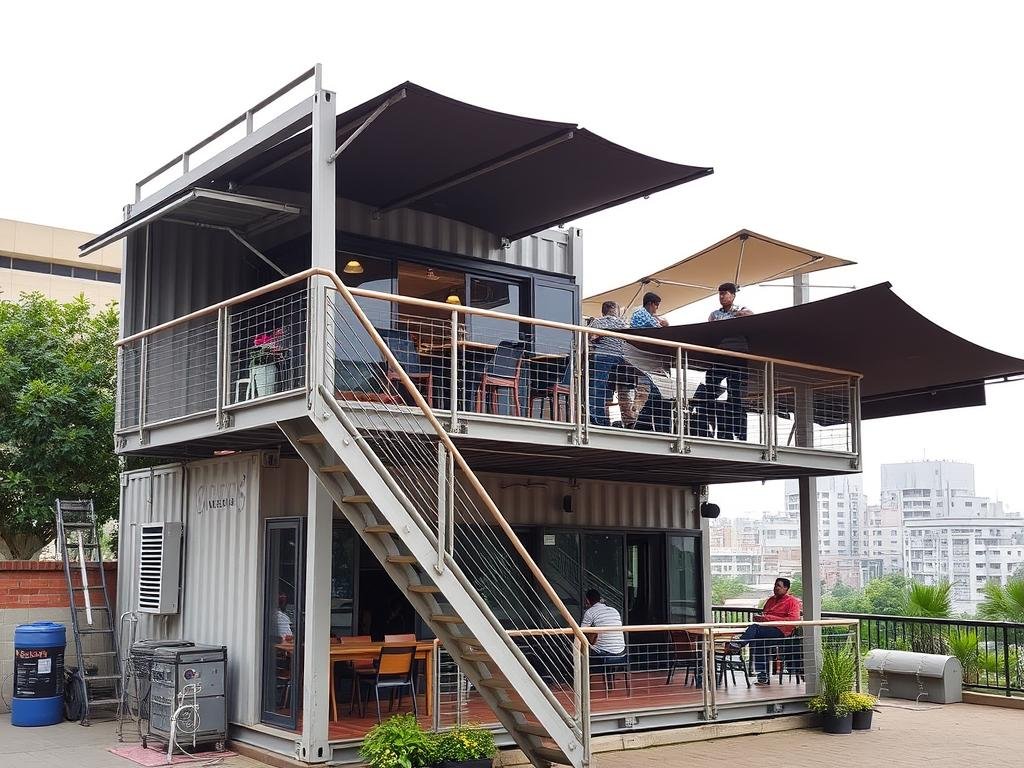 Double-storey container cafe with rooftop seating area in Noida Double-storey container cafe with rooftop seating area in Noida