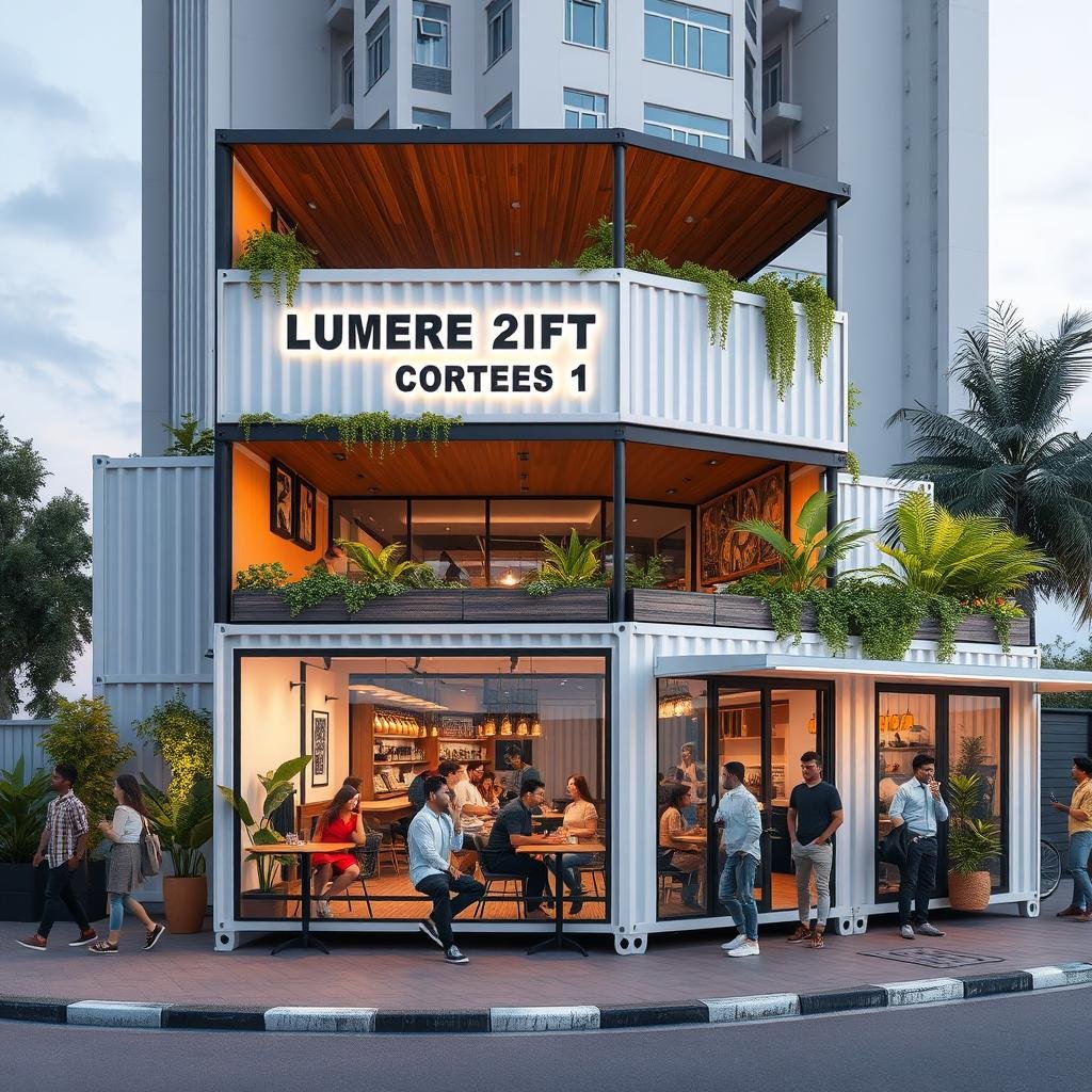 Expandable container cafe design for Noida Extension with modular elements Expandable container cafe design for Noida Extension with modular elements