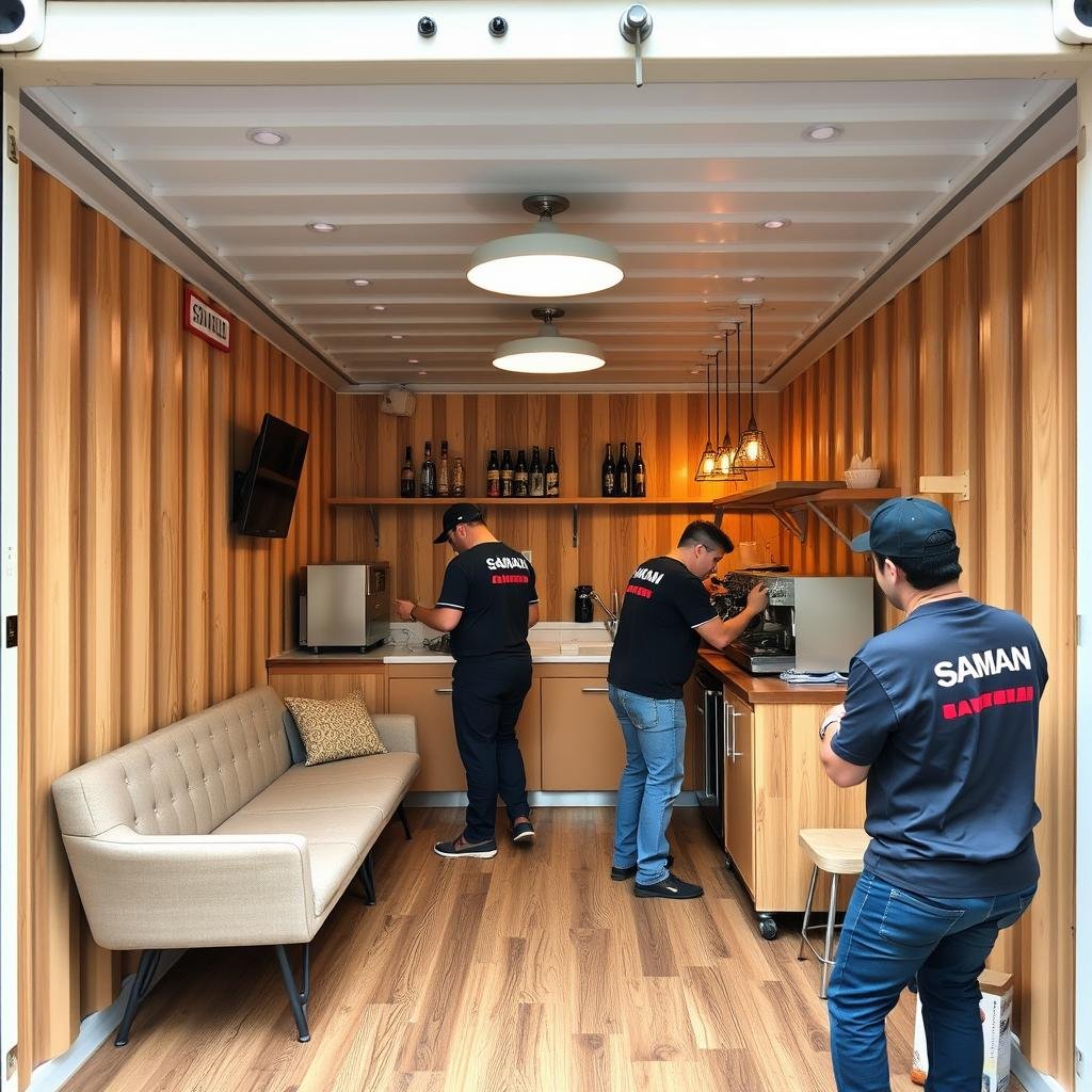 Final interior setup and testing of equipment in a container cafe Final interior setup and testing of equipment in a container cafe
