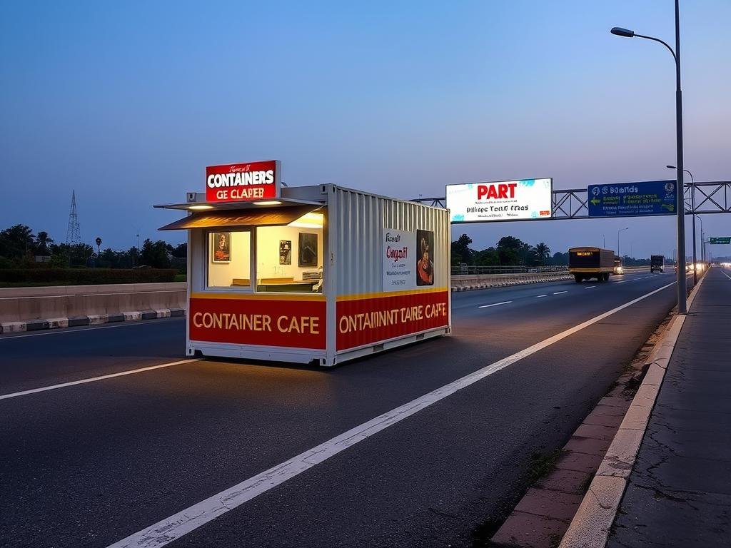 Highway-facing branded container cafe near Pari Chowk in Greater Noida Highway-facing branded container cafe near Pari Chowk in Greater Noida