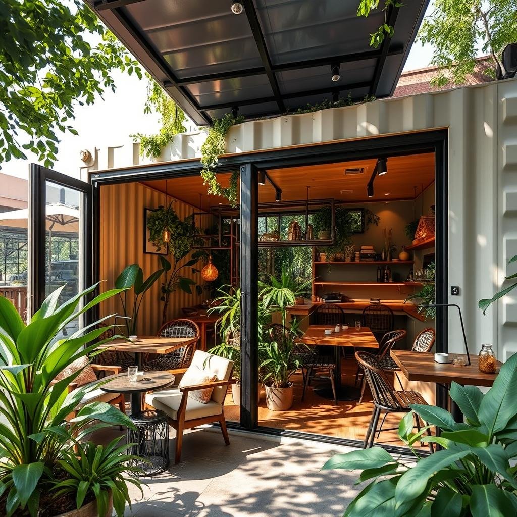 Indoor-outdoor container cafe with retractable walls Indoor-outdoor container cafe with retractable walls