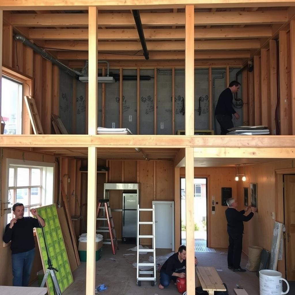 Interior construction work for a traditional cafe showing extensive renovations Interior construction work for a traditional cafe showing extensive renovations
