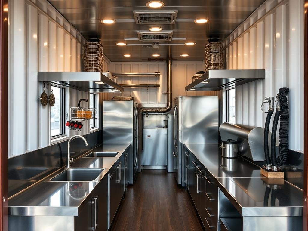Interior of SAMAN container cafe showing durable finishes and equipment Interior of SAMAN container cafe showing durable finishes and equipment