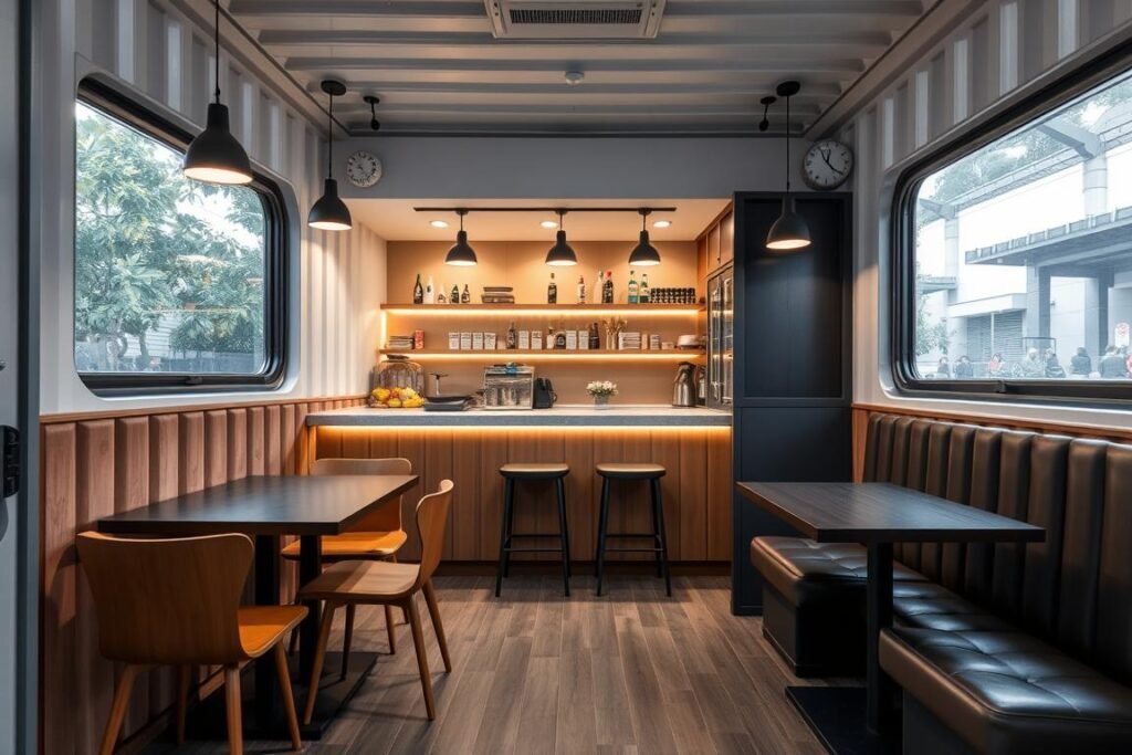 Interior of a modern container cafe showing efficient space utilization Interior of a modern container cafe showing efficient space utilization