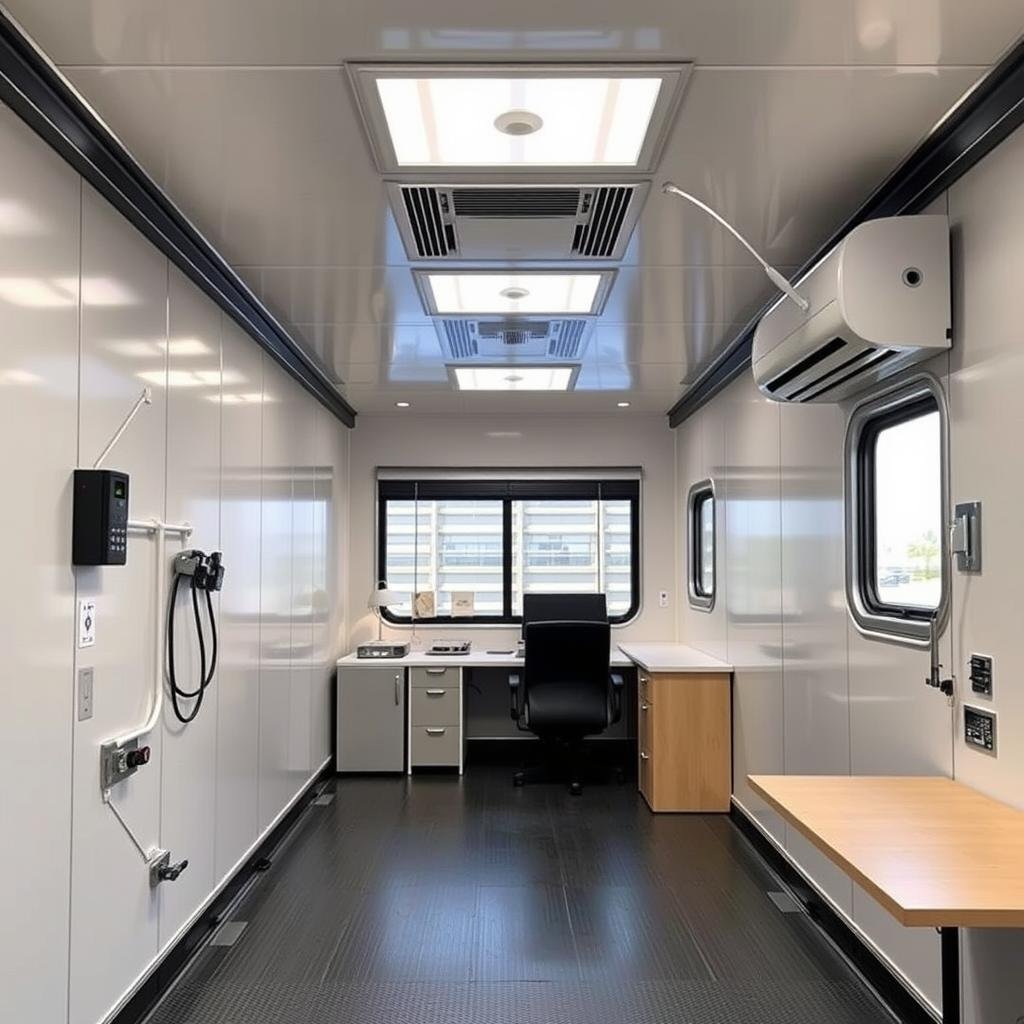 Interior of a portable office cabin showing industrial-grade finishes and equipment Interior of a portable office cabin showing industrial-grade finishes and equipment
