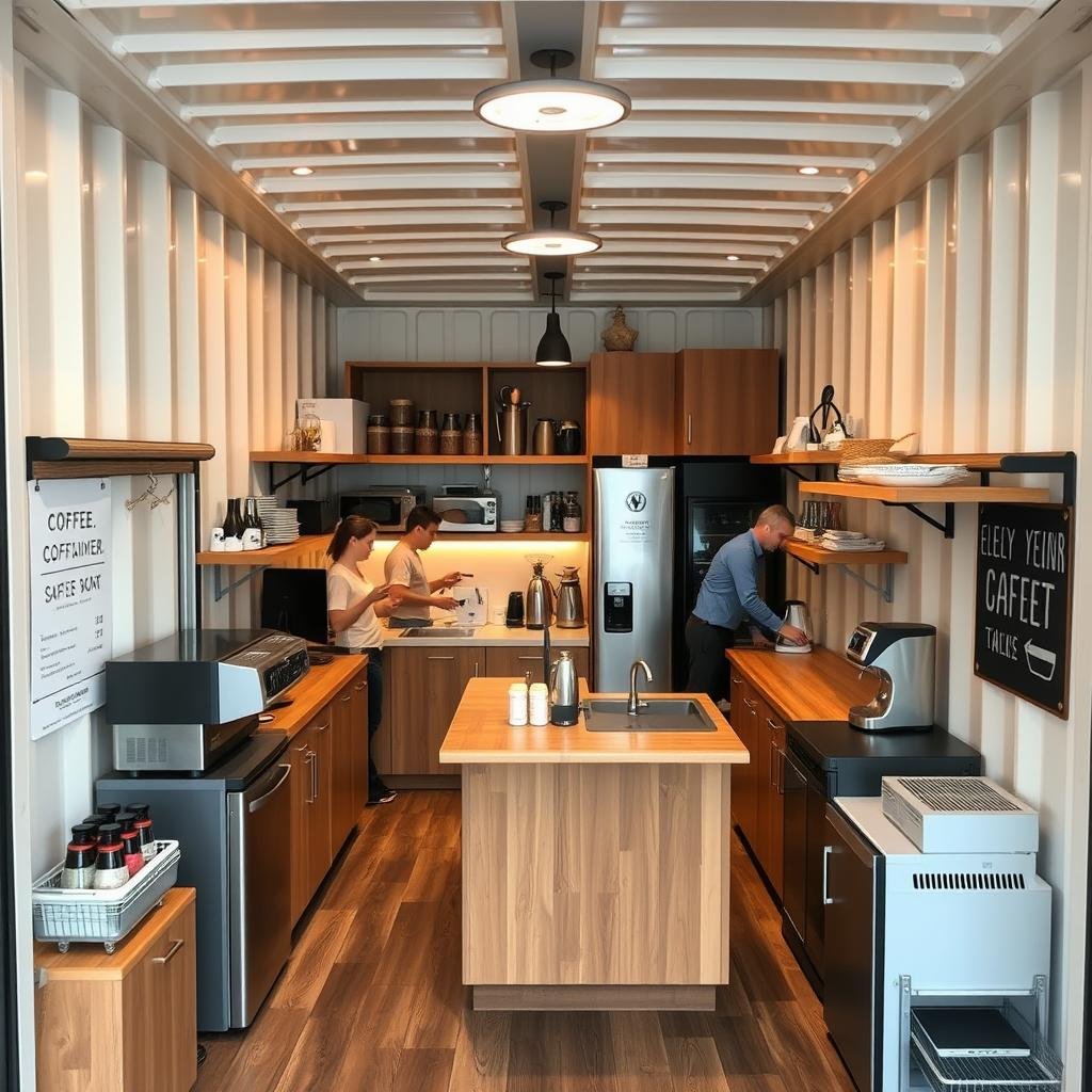 Interior of container cafe showing efficient workflow and equipment layout Interior of container cafe showing efficient workflow and equipment layout
