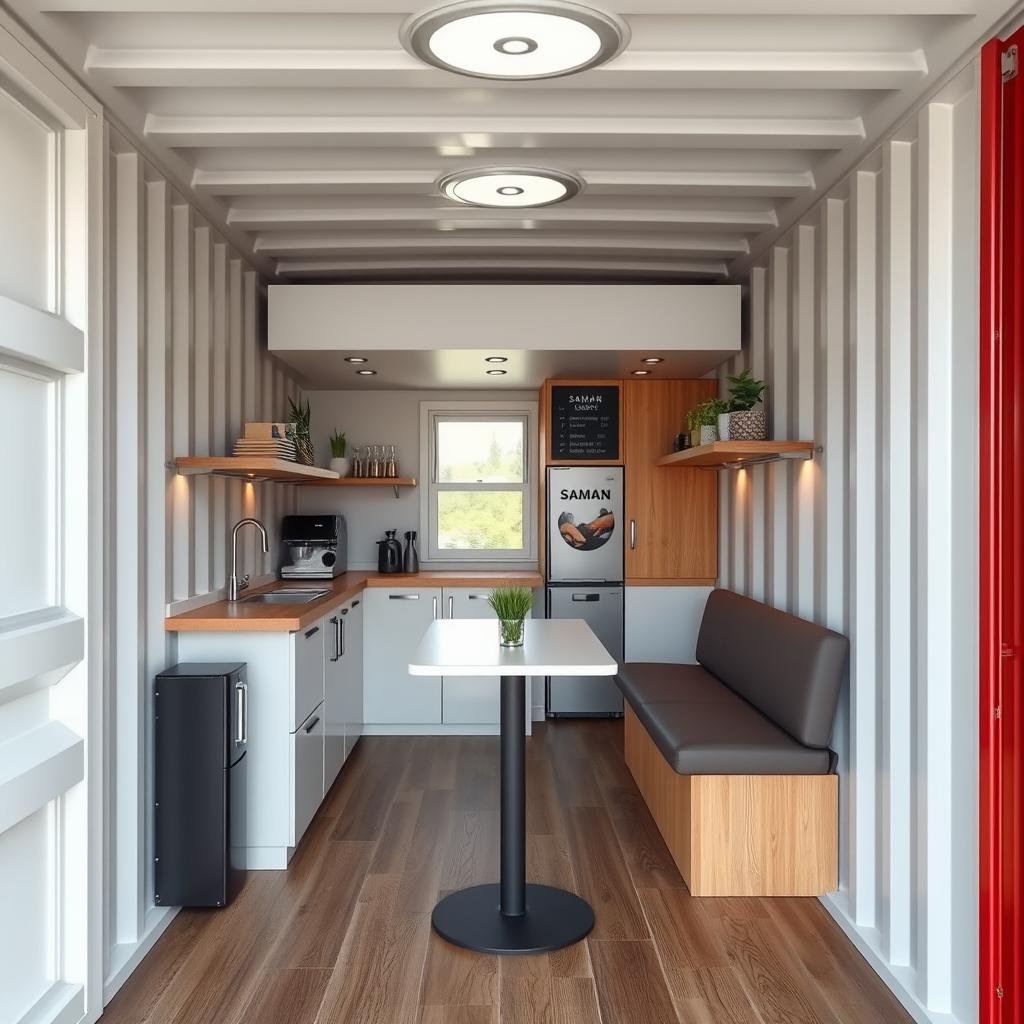 Interior view of a compact container cafe showing efficient use of limited space Interior view of a compact container cafe showing efficient use of limited space