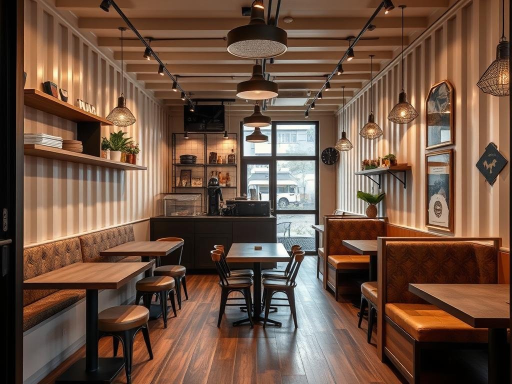 Interior view of a container cafe in Gurgaon showing space optimization Interior view of a container cafe in Gurgaon showing space optimization