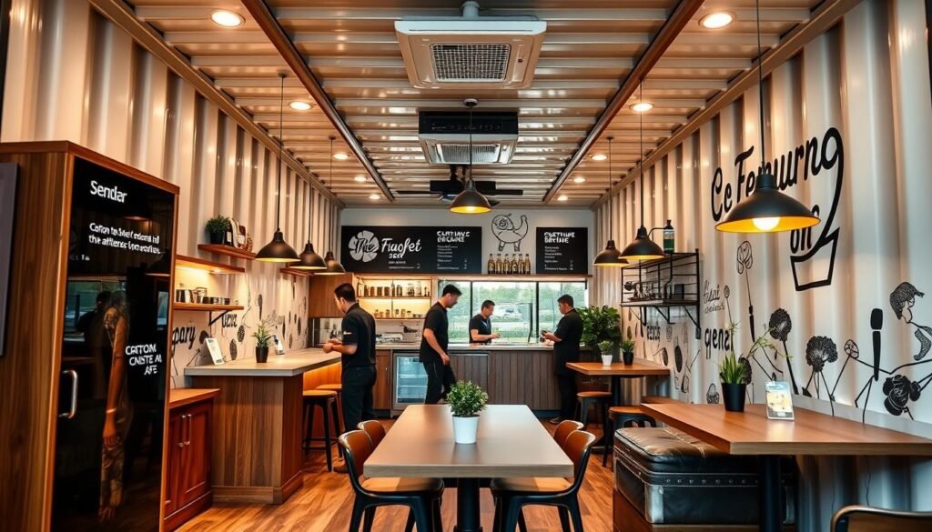 Interior view of a stylish container cafe showing custom fixtures and branding Interior view of a stylish container cafe showing custom fixtures and branding
