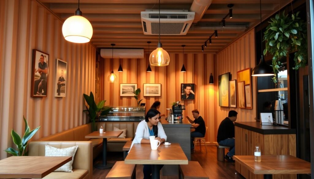 Interior view of container cafe with seating & lights Interior view of container cafe with seating & lights