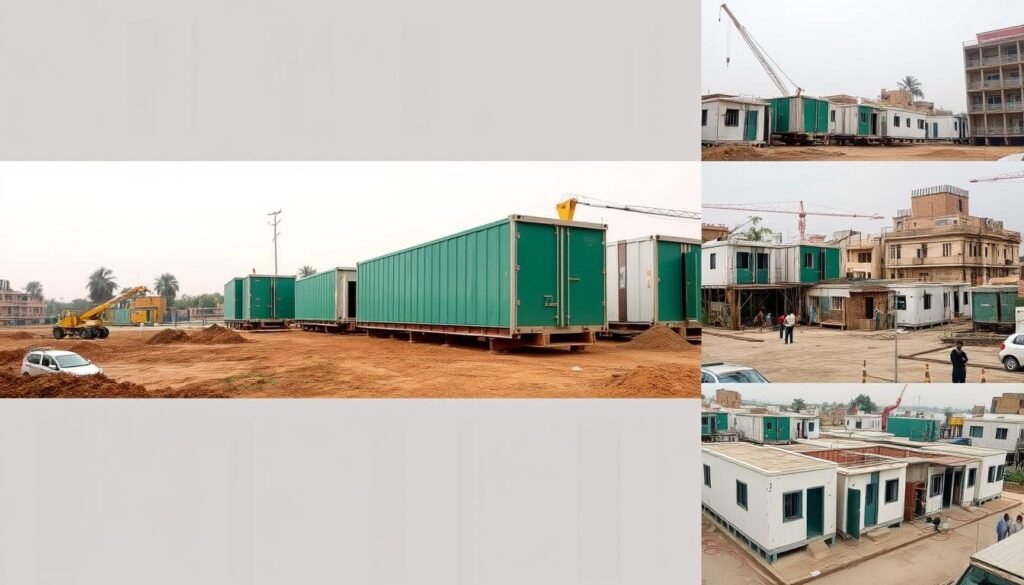 Labour colony installation process in East Delhi showing different stages Labour colony installation process in East Delhi showing different stages