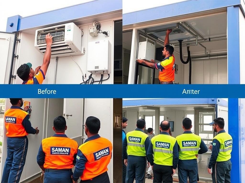Maintenance team servicing a portable office cabin in Vikaspuri Maintenance team servicing a portable office cabin in Vikaspuri