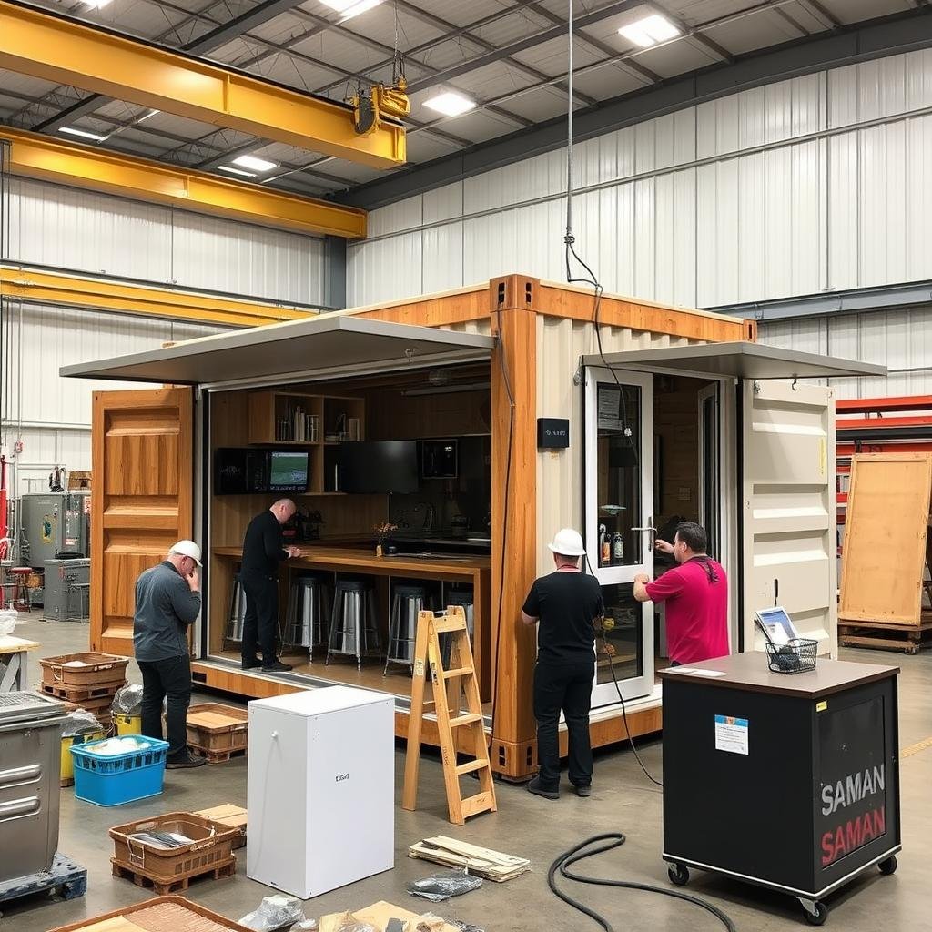 Manufacturing process of a container cafe at SAMAN Portable's facility Manufacturing process of a container cafe at SAMAN Portable's facility