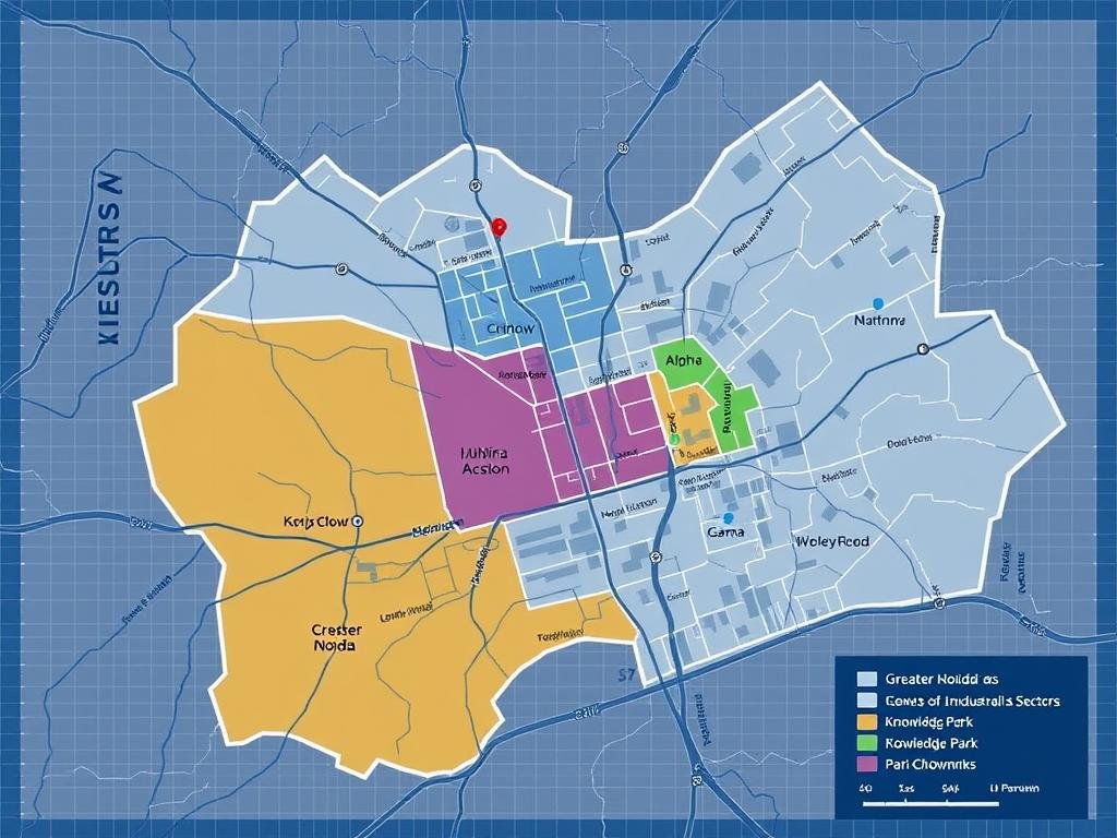 Map of Greater Noida industrial sectors highlighting key development zones Map of Greater Noida industrial sectors highlighting key development zones