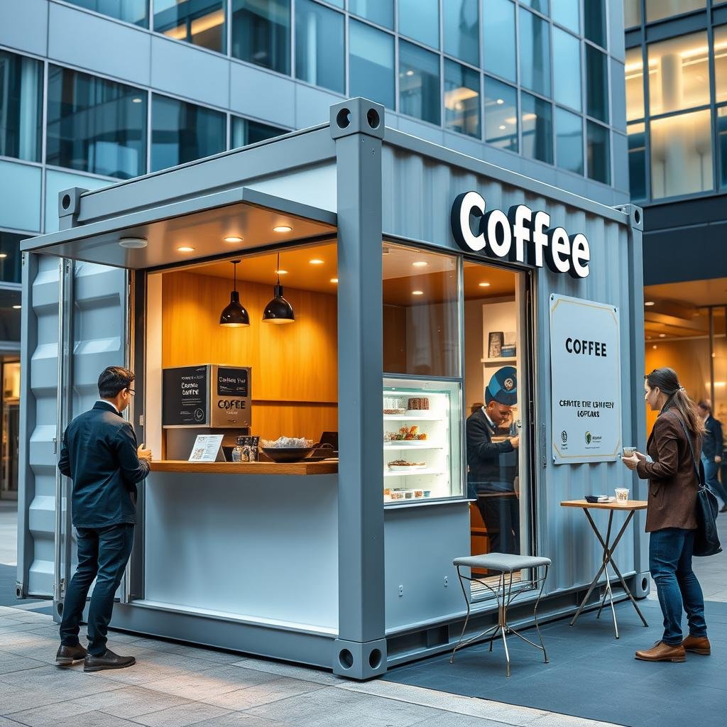 Modern coffee kiosk container cafe in Beta sector commercial complex Modern coffee kiosk container cafe in Beta sector commercial complex