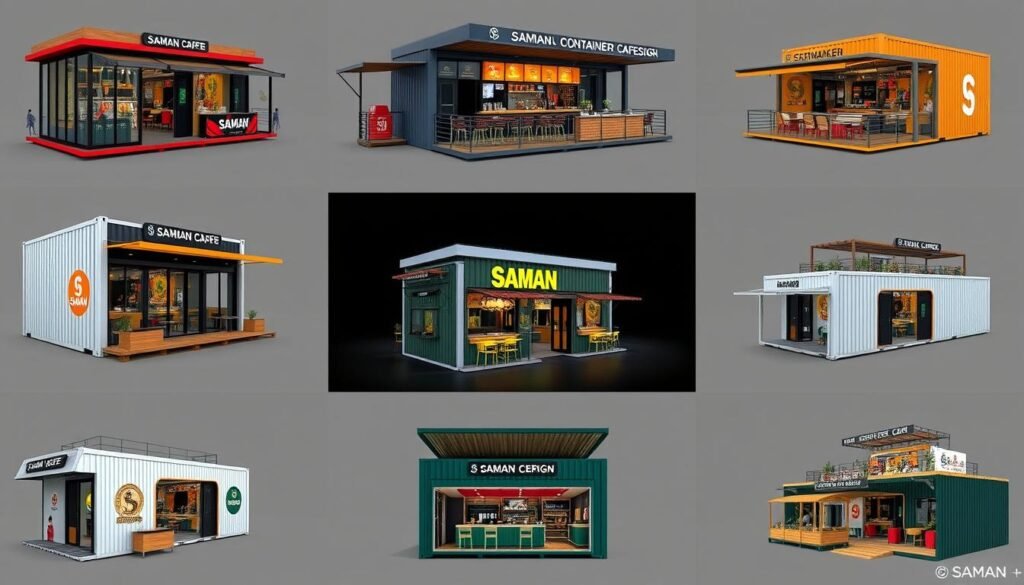 Multiple container cafe designs by SAMAN showing different styles and configurations Multiple container cafe designs by SAMAN showing different styles and configurations
