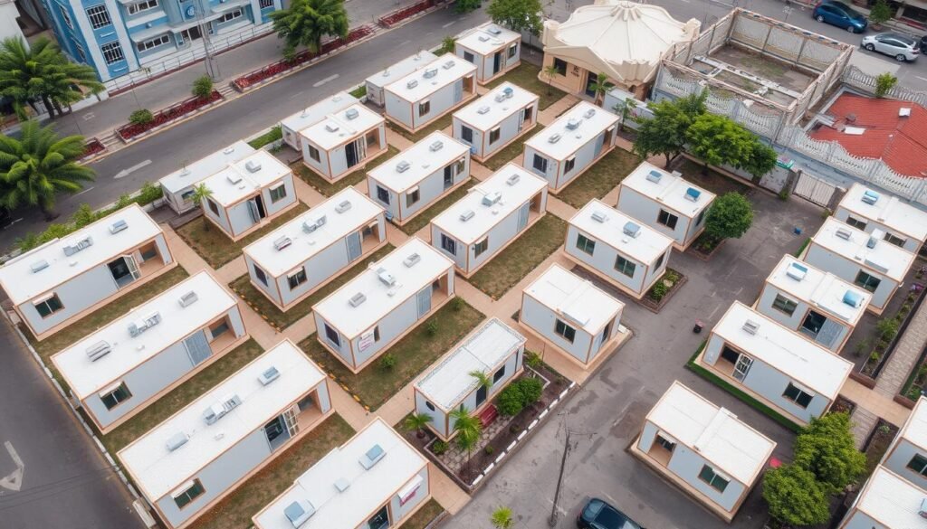 Multiple portable office cabins deployed at a business park in Janakpuri Multiple portable office cabins deployed at a business park in Janakpuri