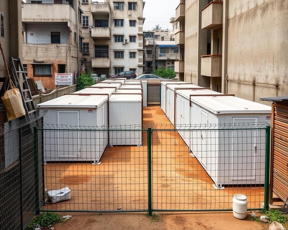 Narrow site labour housing with privacy fencing in Shahdara Narrow site labour housing with privacy fencing in Shahdara