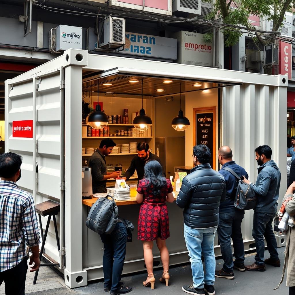 Open counter container cafe serving customers in Karol Bagh market area Open counter container cafe serving customers in Karol Bagh market area