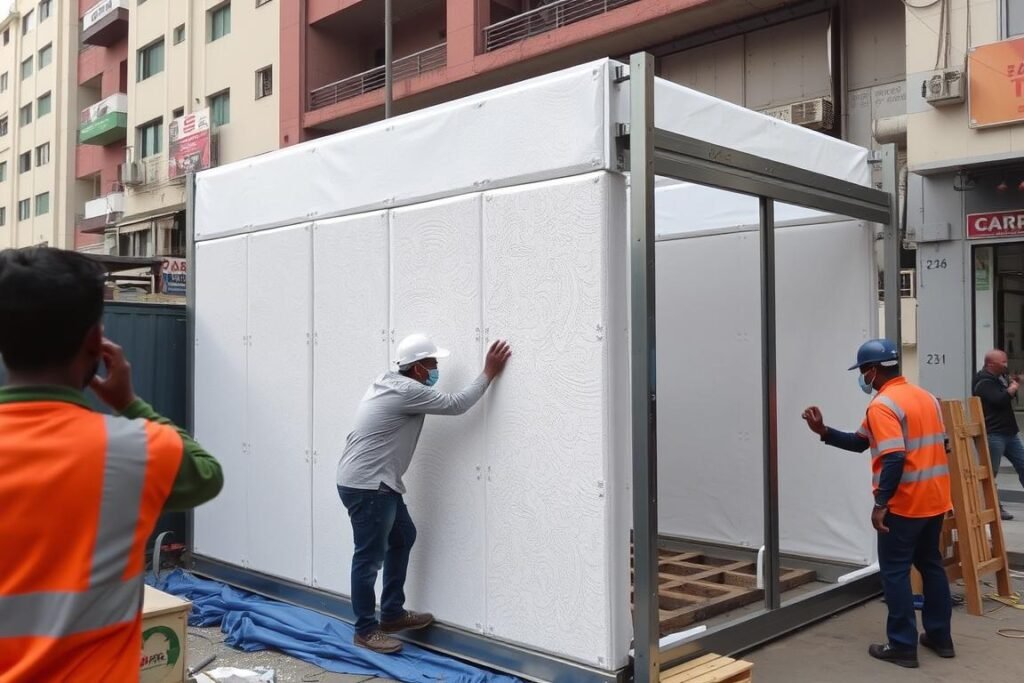 PUF panel labour cabin installation in Connaught Place PUF panel labour cabin installation in Connaught Place