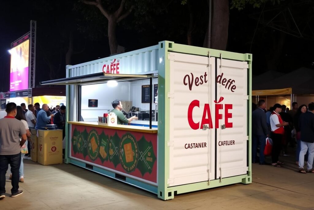 Pop-up container cafe at a West Delhi event with temporary setup and branding Pop-up container cafe at a West Delhi event with temporary setup and branding