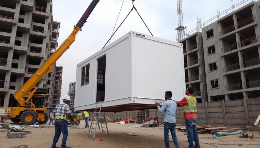 Portable office cabin being installed at a Beta Sector construction site in Greater Noida Portable office cabin being installed at a Beta Sector construction site in Greater Noida