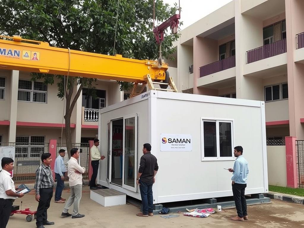 Portable office cabin being installed at a school in Vaishali Portable office cabin being installed at a school in Vaishali