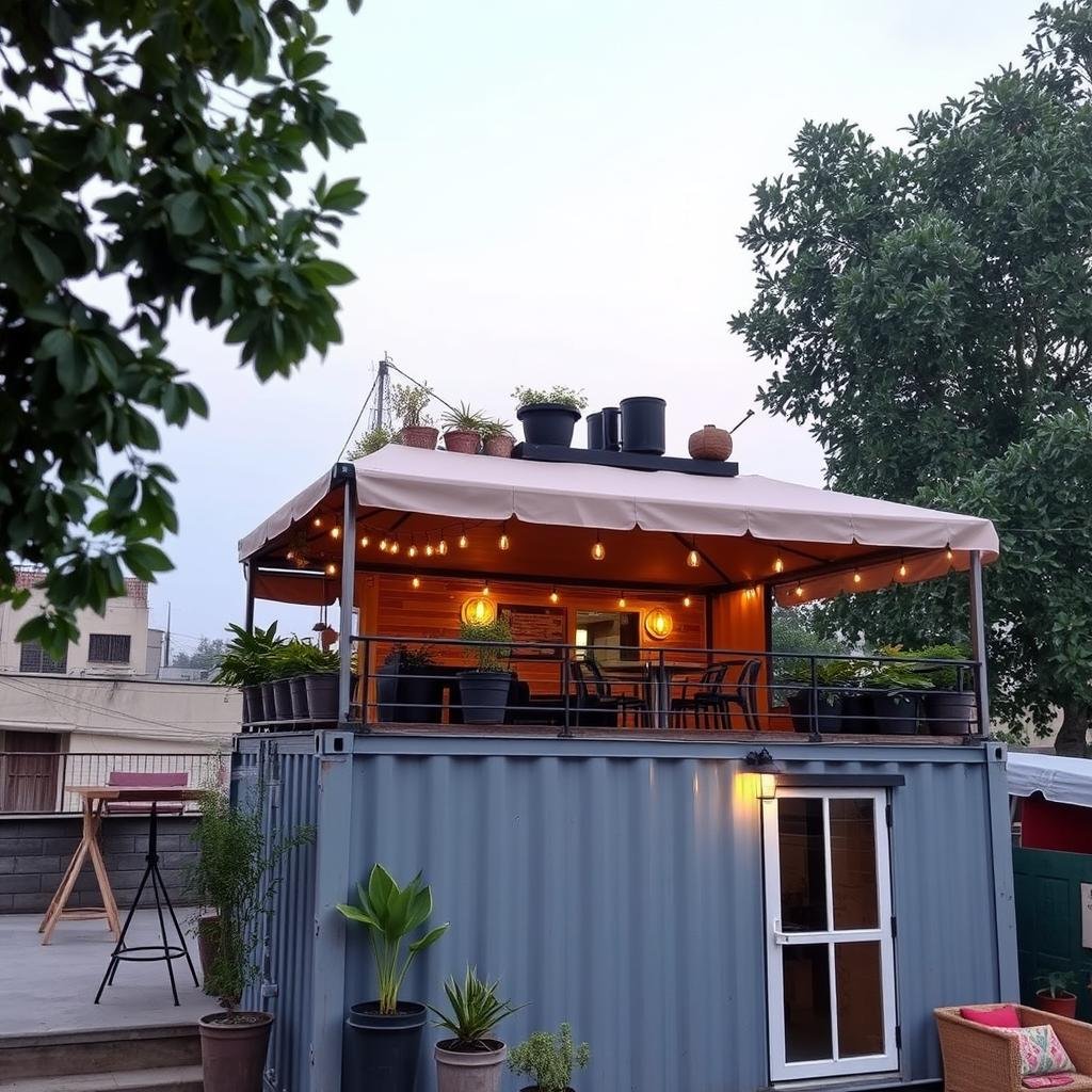 Rooftop container cafe in Janakpuri with shade canopy and evening lighting Rooftop container cafe in Janakpuri with shade canopy and evening lighting