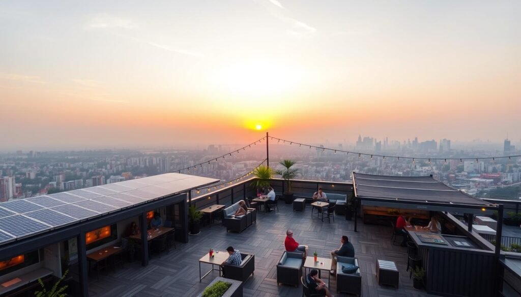 Rooftop container cafe in Noida with panoramic views and solar panels Rooftop container cafe in Noida with panoramic views and solar panels