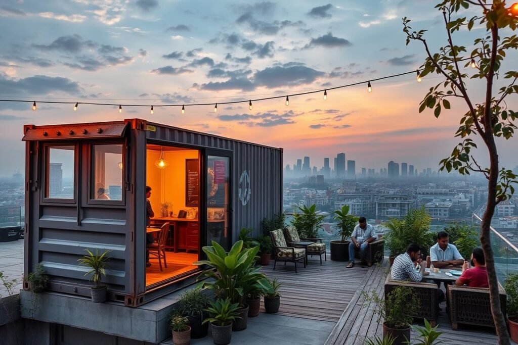 Rooftop container cafe with Delhi skyline view Rooftop container cafe with Delhi skyline view