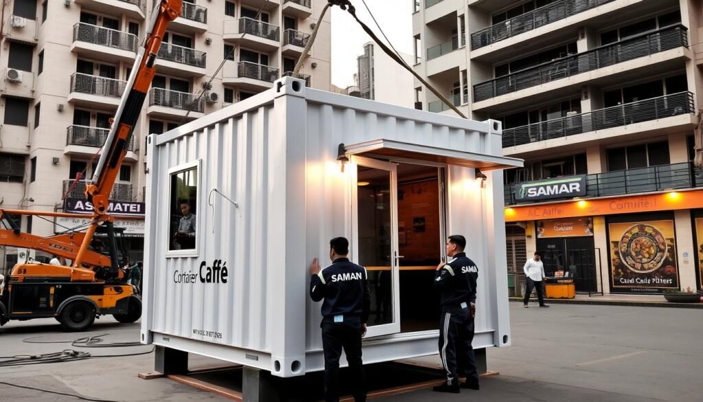 SAMAN Portable container cafe being installed in South Delhi SAMAN Portable container cafe being installed in South Delhi
