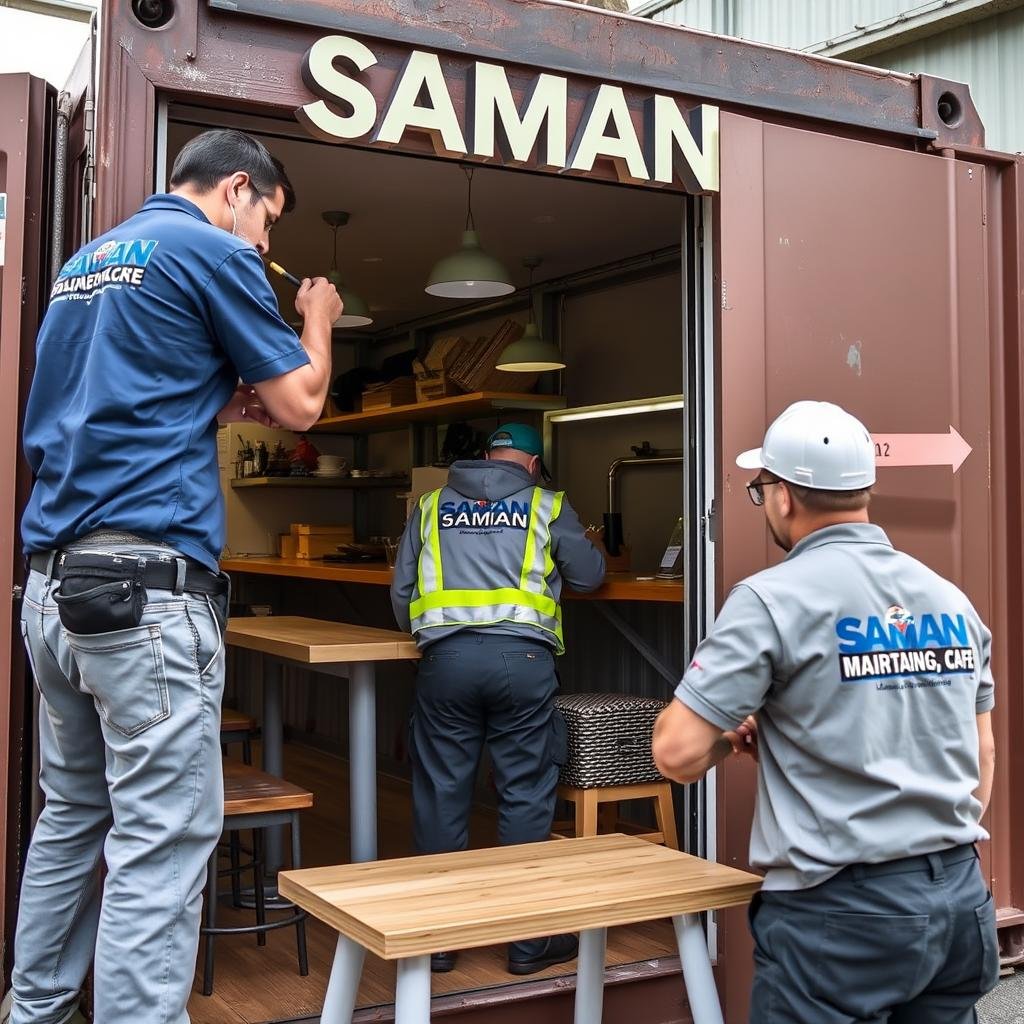 SAMAN maintenance team providing service to an operational container cafe SAMAN maintenance team providing service to an operational container cafe