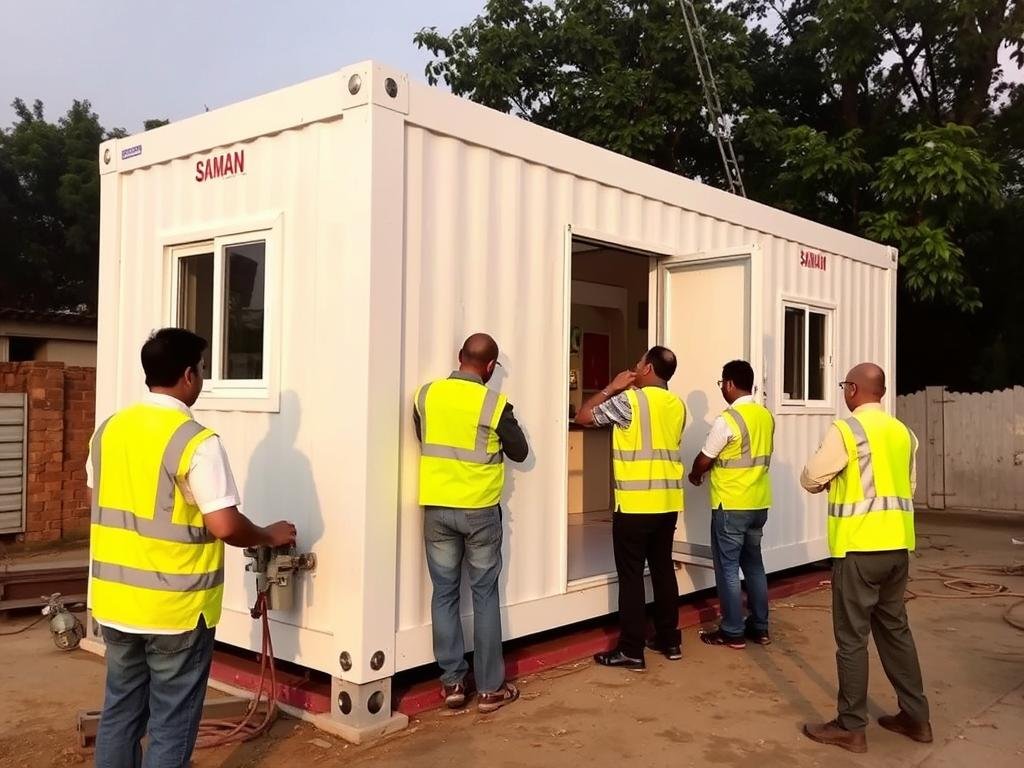 SAMAN team installing a portable office cabin in Ghaziabad SAMAN team installing a portable office cabin in Ghaziabad