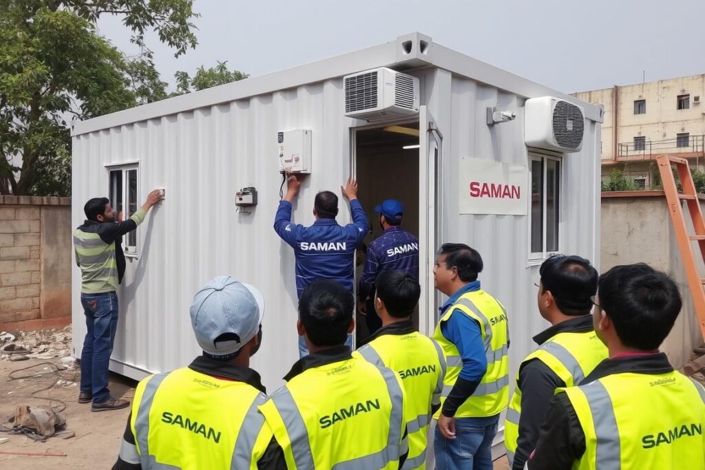 SAMAN team installing a portable office cabin in Uttam Nagar SAMAN team installing a portable office cabin in Uttam Nagar