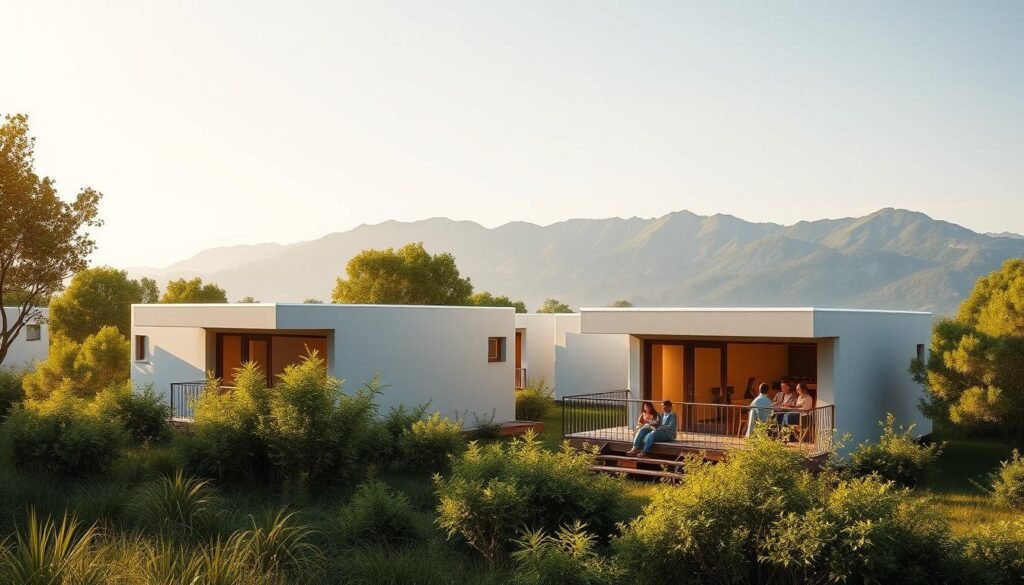 Serene eco-friendly prefabricated modular homes by SAMAN Portable, nestled in a lush, verdant landscape. The minimalist, sustainable structures boast sleek, clean lines and warm wooden accents, seamlessly blending with the natural surroundings. Soft, diffused natural lighting filters through large windows, creating a tranquil, inviting ambiance. The homes are strategically positioned to maximize sunlight and airflow, promoting energy efficiency. In the foreground, a family relaxes on the spacious balcony, enjoying the picturesque mountain views in the distance. The scene conveys a sense of harmonious living, where modern design and environmental consciousness converge.