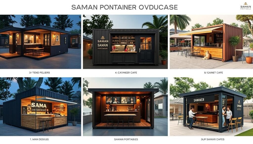 Showcase of SAMAN Portable's premium container cafe models in different settings Showcase of SAMAN Portable's premium container cafe models in different settings