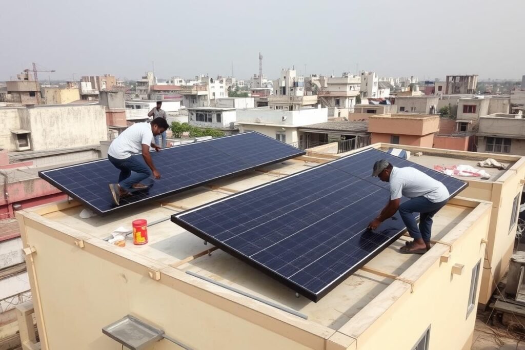Solar panel installation on SAMAN labour colony rooftops in East Delhi Solar panel installation on SAMAN labour colony rooftops in East Delhi
